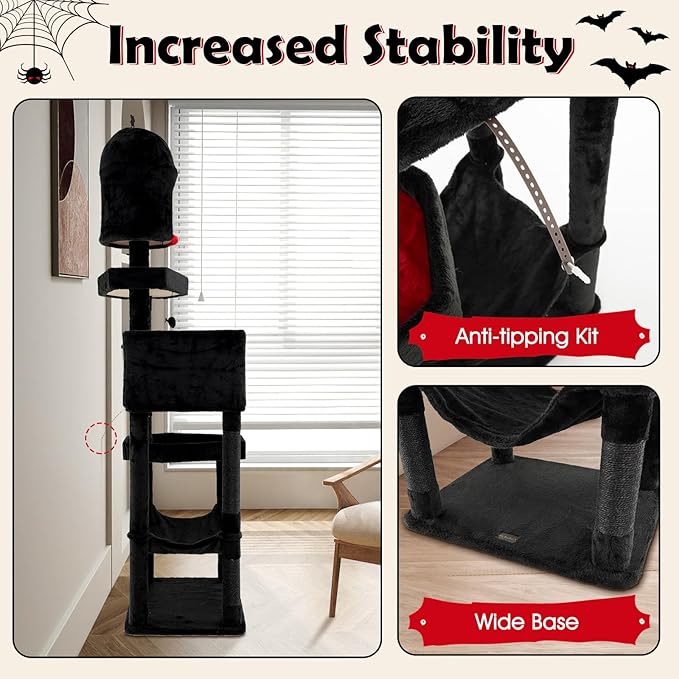 PETSITE 83 Inch Tall Gothic Cat Tree, Multi-Level Halloween Cat Tower with Coffin Beds, Scratching Posts, 2 Cat Condos, Dangling Balls, Hammock, and Basket Bed, Goth Cat Tree for Indoor Cats, Black