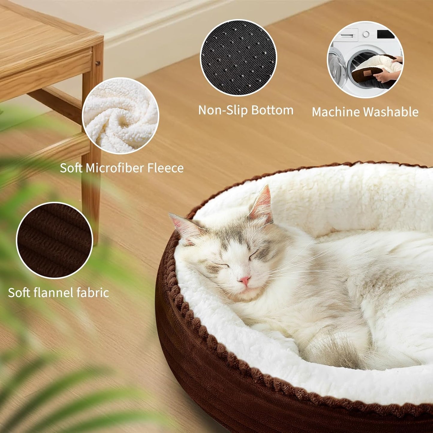 20in Washable Cat Beds for Indoor Cats - Round Donut Pet Bed for Cats, Small Dogs, Puppy, Kitten - Anti-Slip Bottom, Calming Bed Gift - Brown - Pet Explorer
