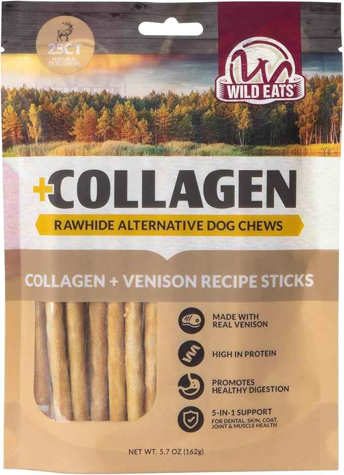 Wild Eats Venison Collagen Sticks for Dogs (25 Pack, 0.6 cm Wide) Long Lasting Dog Chews No Hide Dog Treat Bully Stick Alternative, Rawhide Free, Grain Free, High Protein
