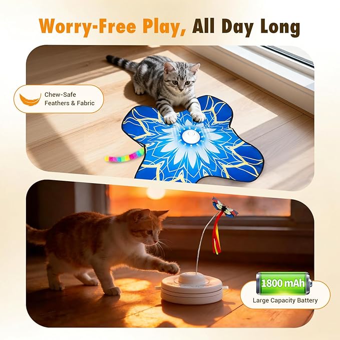 Interactive Cat Toys for Indoor Cats, 3-in-1 Hide and Seek Cat Toy with Fluttering Butterfly & Moving Concealed Feathers, 3 Prey Sounds, Rechargeable Auto Play Mat for Bored Adult Cats/Kittens (Blue)