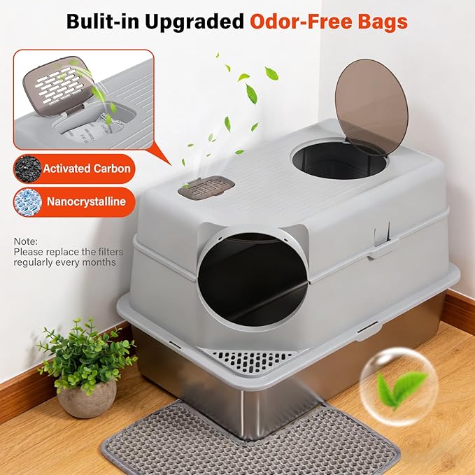 Stainless Steel Litter Box with Lid, XL Extra Large Enclosed Cat Litter Boxes for Big Cats, Front & Top Entry Metal Cat Litter Box with Litter Scoop & Litter Mat, Odor Free, Anti-Leakage