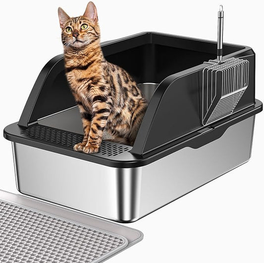 XL Stainless Steel Litter Box, Extra Large Metal Cat Litter Box with High Sided for Big Cats, Enclosed Litter Boxed with Lid, Easy-Clean Cat Litter Mat & Scoop Kit, Anti-Urine Leakage (Black)