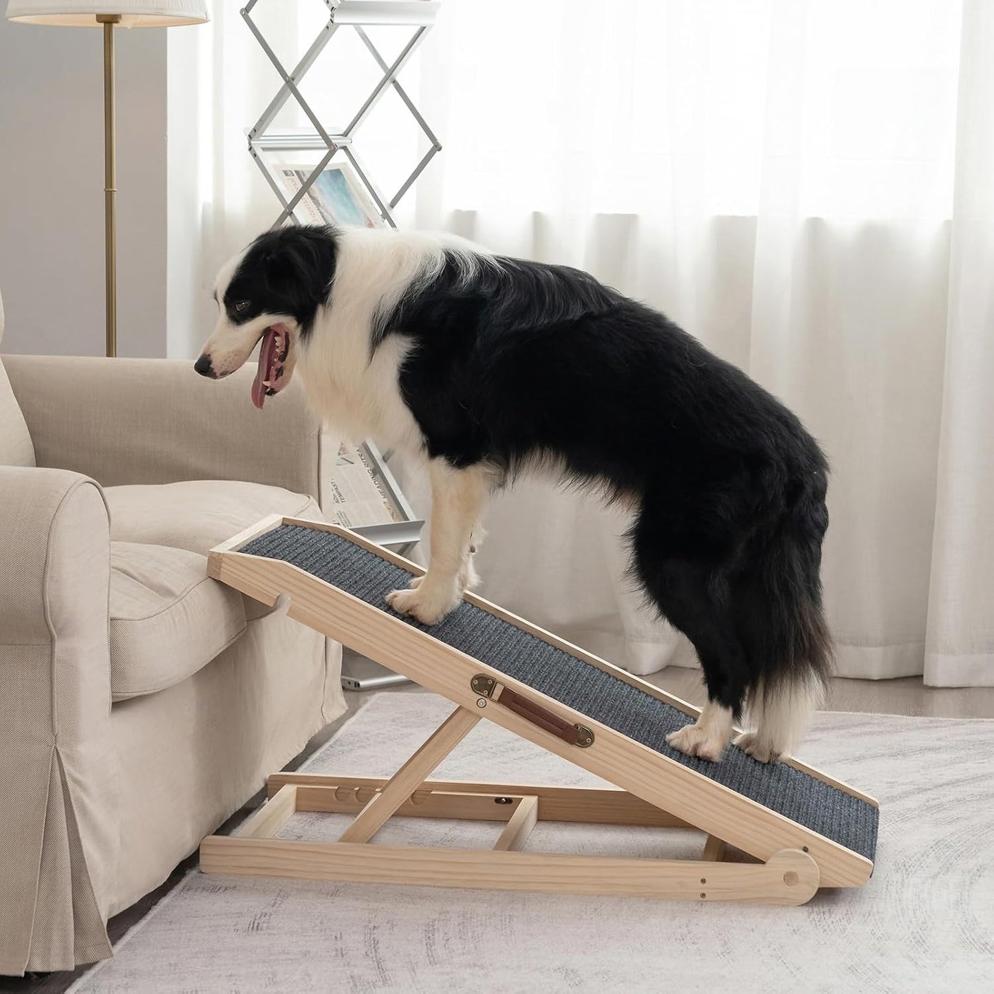 Dog Ramp for Bed Couch - Pet Steps Stairs to Get on Bed Couch 11.8"-19.6" High for Small or Large Dog Up to 200 lbs, Adjustable Wooden Dog Ramp Steps Foldable Portable, Anti-Slip Carpet (Natural) - Pet Explorer