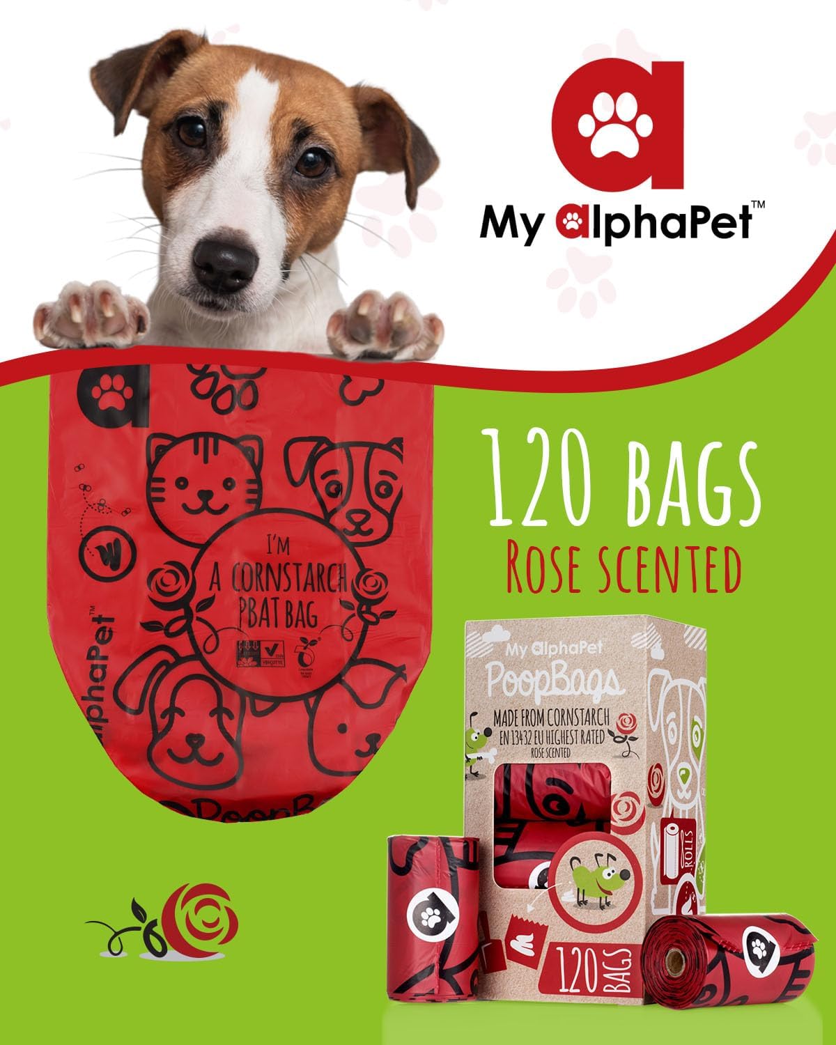 Compostable Dog Poop Bags, Cornstarch Eco-Friendly, HOME COMPOST NF T 51-800, 120 Count, Large Size Bag 9x13 Inches, 8 Unscented Refill Rolls, Leak-proof, Plantbased, GM-Free Corn (Red) - Pet Explorer