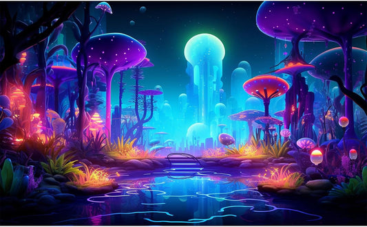 Fantasy Forest Aquarium Background Mysterious Plants Abstract Mushrooms Cartoon Style Forest Terrarium Backdrop Tranquil Stream Fish Tank Background Wallpaper Poster Decor Vinyl 48x24in - Pet Explorer