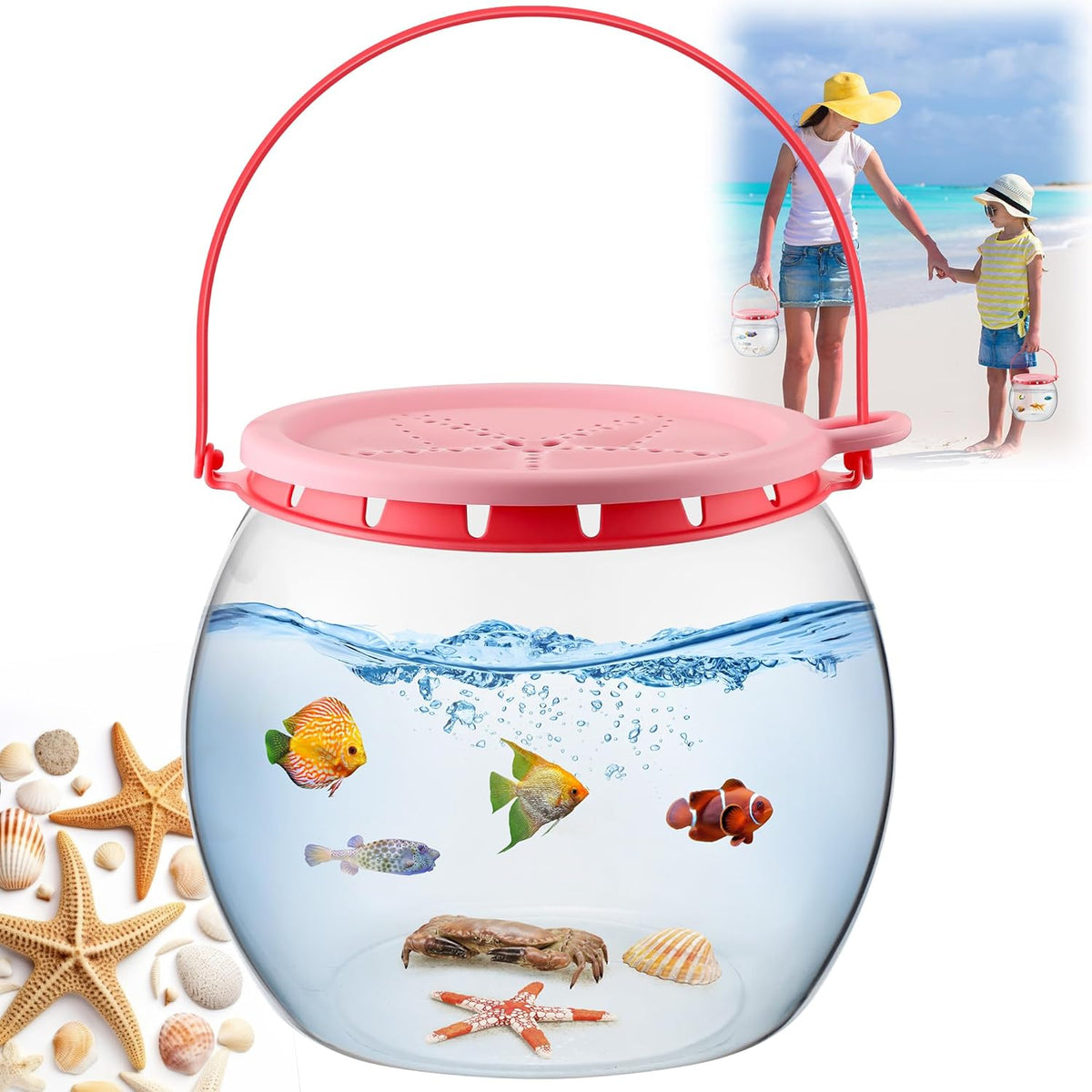 Saillong Catch and Release Plastic Small Bowl Kit, Portable Clear and Transparent Fish Bowl for Ocean Adventure, 0.8 Gallon Outdoor Cartoon Starfish Bucket Kit Ideal for Pool and Lake, Beach - Pet Explorer