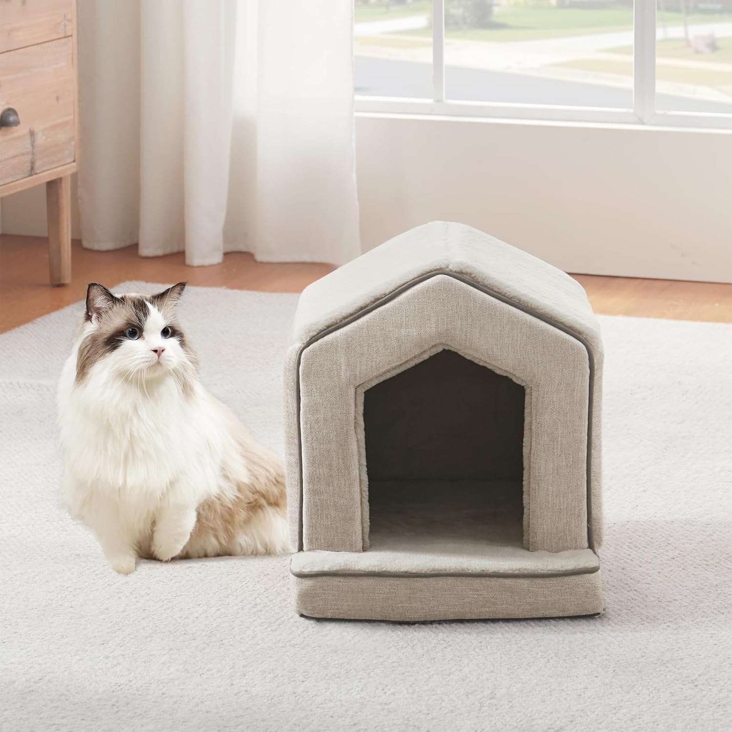 Orthopedic Cat Houses for Indoor Cats,Small Dogs,Super Soft Cat Bed Cave,Condos, Cubes,Cat Hideaway,Covered,Cat Bed for Kitty Small Medium Large Pet (Beige, 18" L x 15" W x 17" Th) - Pet Explorer