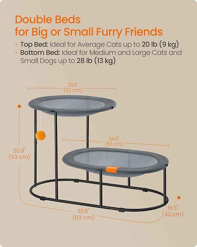 Feandrea 2-Tier Elevated Cat Hammock Bed, Breathable Furniture for Multi-Cat Households Indoor and Outdoor, with Removable Washable Mesh, Steel Frame, for Summer, Dove Gray UPCB012G01