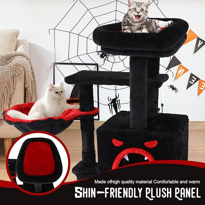 Gothic Cat Tree for Indoor Cats Large Adult, 40.5" Goth Cat Trees Tower with Coffin Cat Bed,Scratching Post,Cat Condo, Furniture Towers with Hammock, Tall Black Cat Tree Halloween Hanging Toys(Black)