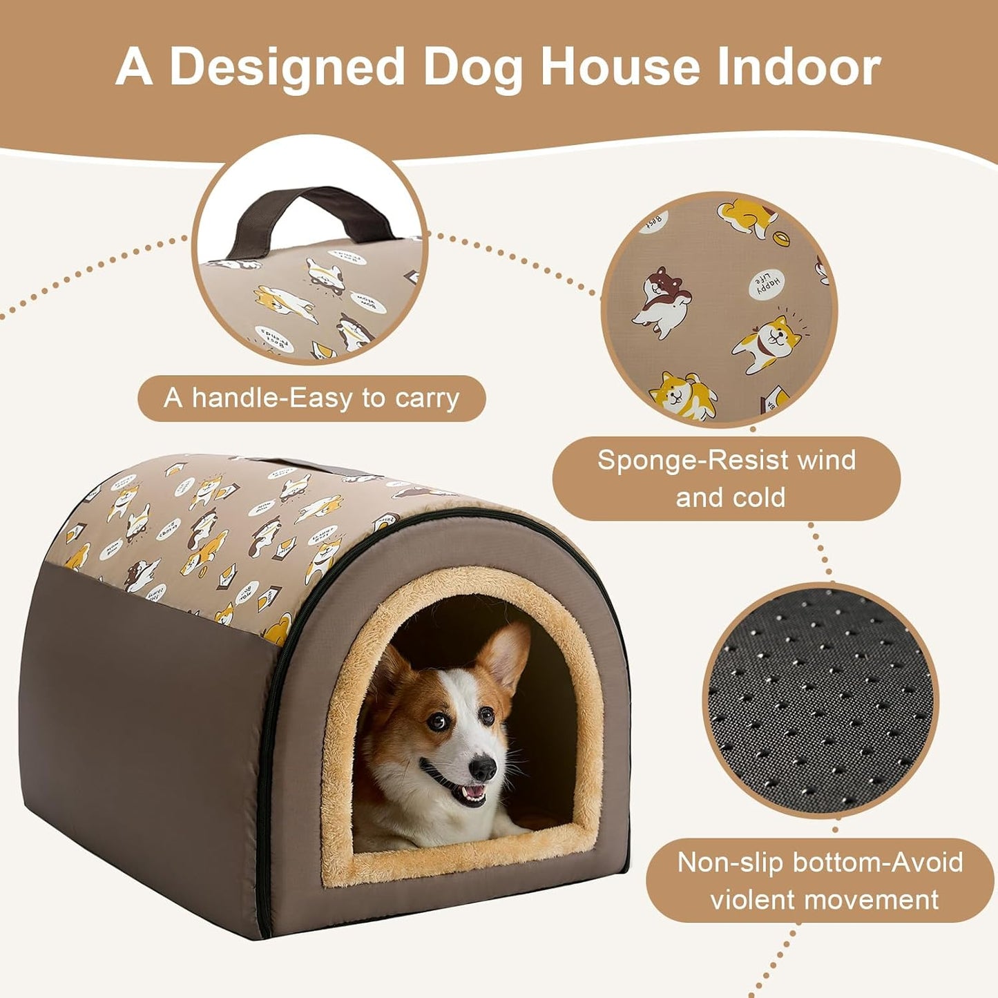 Jiupety 2 in 1 Dog House Indoor, Comfy Cave Bed Covered Dog Bed, Portable House for Medium and Large Dogs, 2XL(35"×27"×26"), Up to 70 Lb, Brown - Pet Explorer