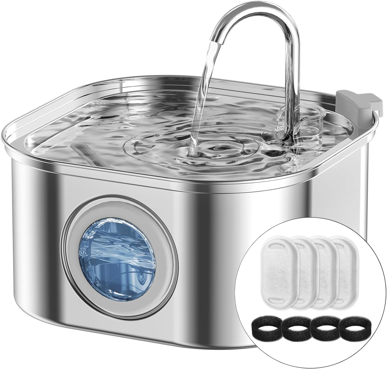 Cat Water Fountain Stainless Steel: 108oz/3.2L Automatic Pet Water Fountain - Dog Water Dispenser with Water Level Window - for Cats Inside with 4 Replacement Filters and 4 Sponges - Pet Explorer