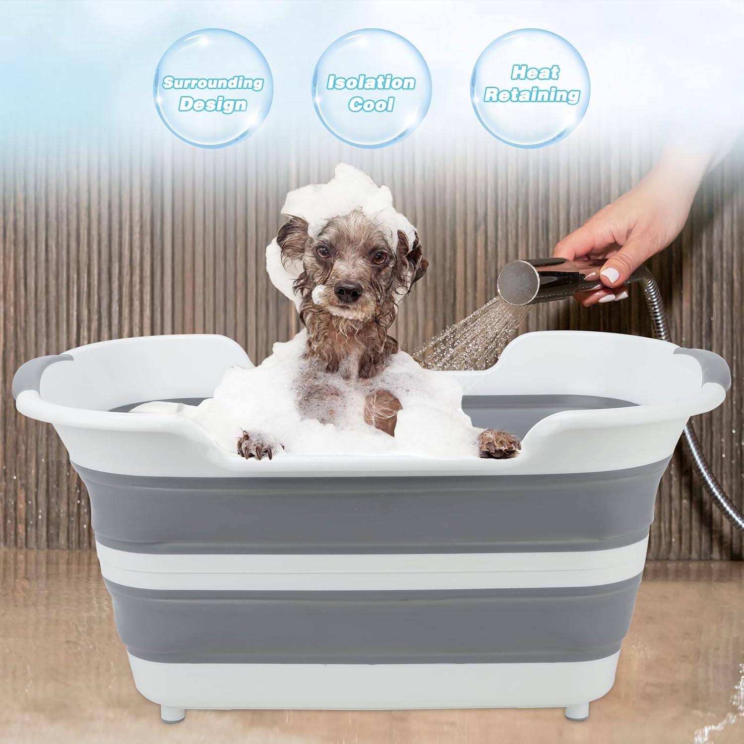 FHTONGE 7.13 Gal/27L Raised Collapsible Dog Bathtub with Drain Hair Catcher, Multifunctional Pet Washtub for Small to M Dog, Portable Puppy Tub Cat Shower Basin Laundry Basket Storage Organize Bucket - Pet Explorer