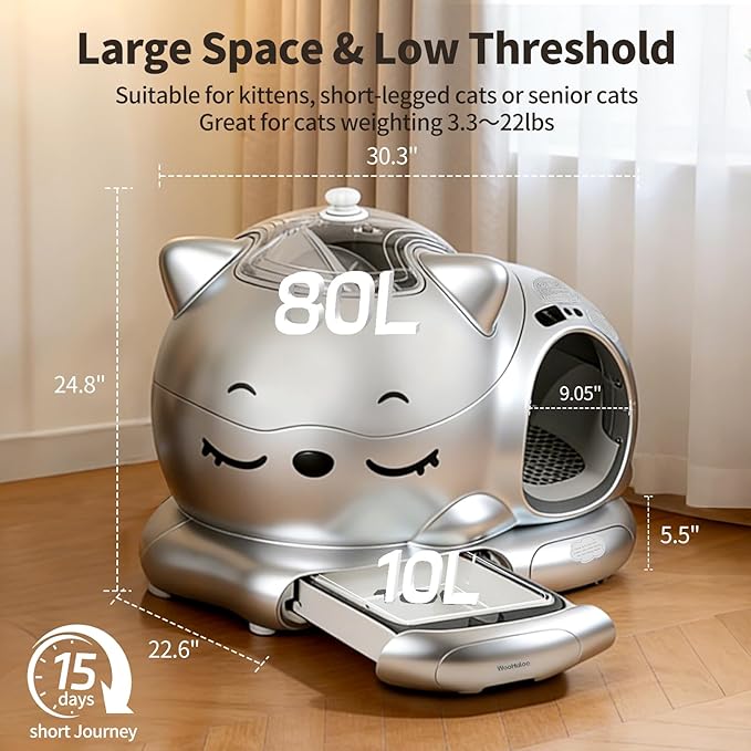 Automatic Cat Litter Box, Semi-Open Large Capacity with Triple Odor Removal System, App Control and Health Monitor, Safety Sensor, Cute Self Cleaning Litter Box for Multiple Cats (Silvery)