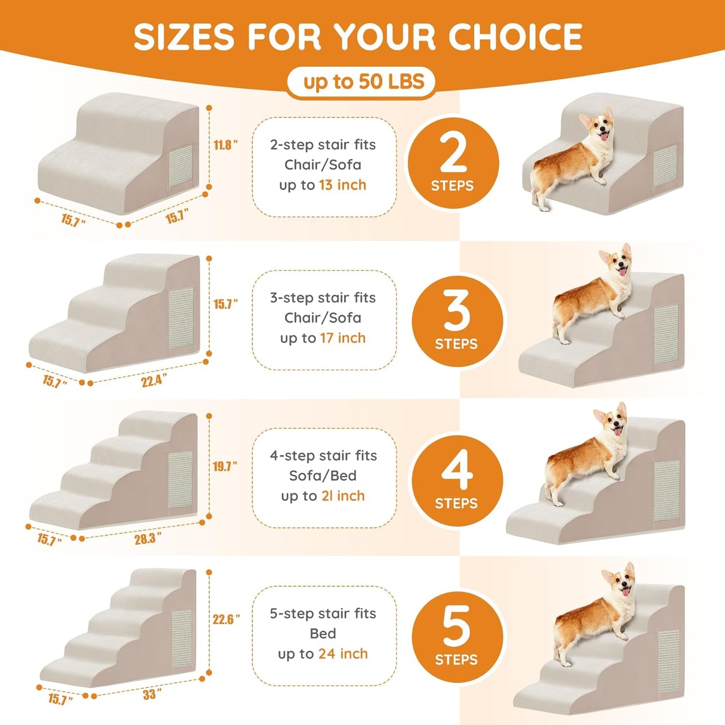 Pet Stairs for Small Dogs - 3-Step Curved Dog Ramp for Bed, Couch, Sofa, Car and Chairs - Non-Slip Bottom Design - Cat Scratching Board - High Density Foam Portable Pet Step - Beige - Pet Explorer