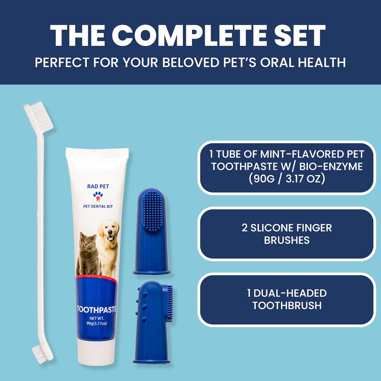 Rad Health Dental Kit - Dog Toothbrush and Toothpaste Kit for Daily Oral Care, Dual Brushes for Deep Cleaning, Safe for Cats & Dogs, Reduces Bad Breath, Prevents Gum Disease - Pet Explorer