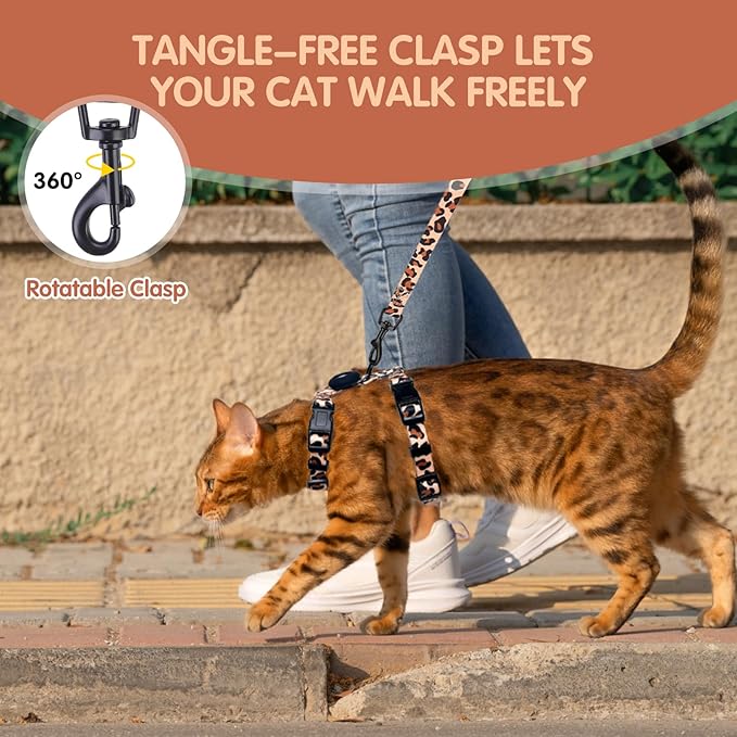 BINGPET Cat Harness with Airtag Holder, Cat Harness and Leash Set Escape Proof for Walking Travel Outdoor, Soft Adjustable Kitten Harnesses for Small Medium Large Cats, Leopard(Chest:12.5"-18")