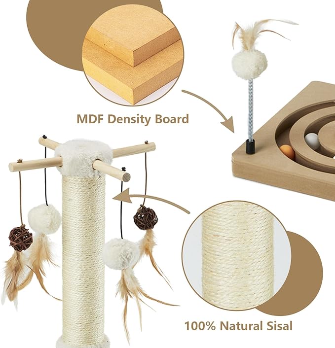 PEEKAB Cat Scratching Post Sisal Scratch Posts for Indoor Cats and Kittens,with Tracking Ball Interactive Toys and Hanging Balls 30 Inches Beige