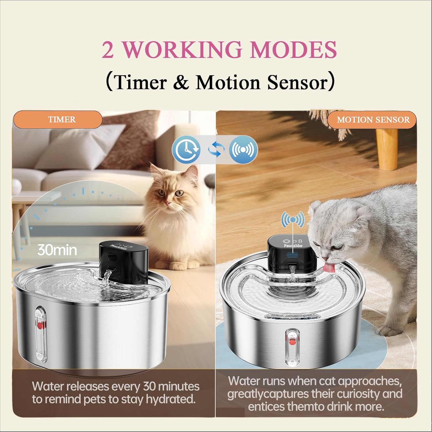 Pumpless Cat Water Fountain Stainless Steel Battery Operated, 108oz/3.2L Wireless Pet Water Fountain, Cordless Automatic Dispenser with 2 Replacement Filters for Cats, Dogs, Multiple Pets - Pet Explorer