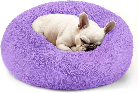 Hoewina Dog & Cat Bed, 20in Cat Beds for Indoor Cats, Calming Donut Bed for Puppy and Kitten, Washable Round Fluffy Pet Bed for Small Medium Dogs and Cats (Purple)