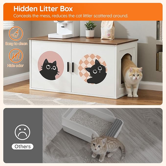 HOOBRO Hidden Litter Box Furniture, Large Cat Litter Box Enclosure Furniture, Wooden Litter Box Cabinet with Cute Cat Patterns & Arched Entrance, 31.3" L x 17.7" W x 17.3" H, White & Walnut