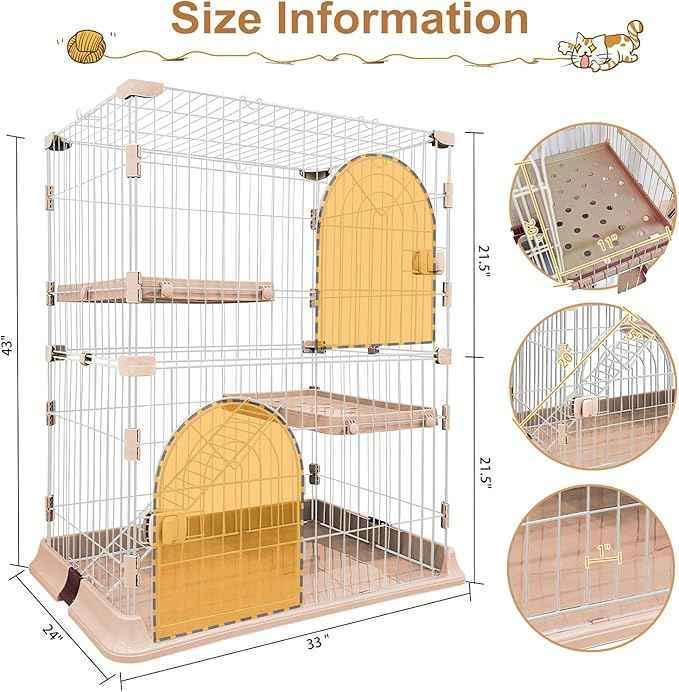 Cat Cage 2-Tier Indoor Cat Enclosure with Widen Bottom Buckle & Reinforced Locking Clamps DlY Cat Playpen for 1-2 Cats & Small Pets,33" Lx 24" W X 43" H (Pink, Two-Tier43)