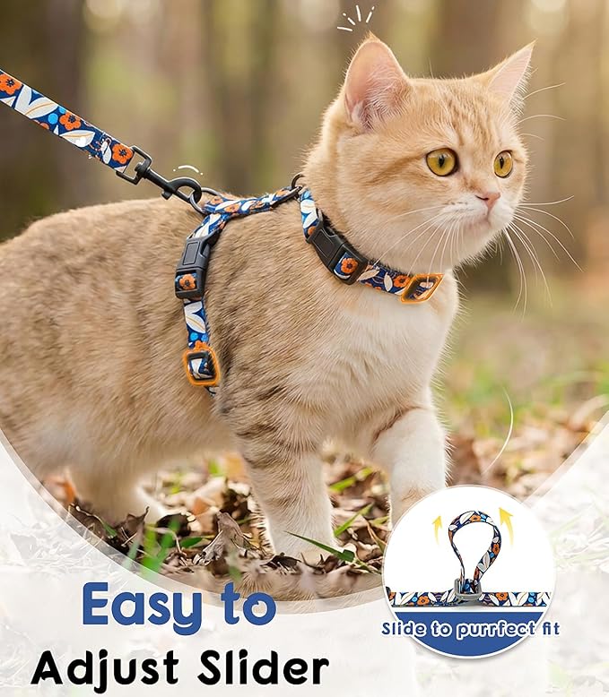 Halypet Cat Harness and Leash Set, Escape Proof 3-in-1 Adjustable Harness for Cats & Kitten, Soft Lightweight, Easy On & Control for Walking, Travel & Outdoor Use, Navy Floral, Small