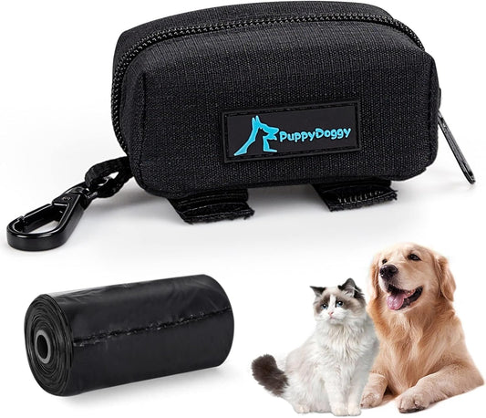 PuppyDoggy Dog Poop Bag Holder for Leash Black Waste Bag Dispenser with 1 Roll of Poop Bags for Leash Accessory Bicycle - Pet Explorer