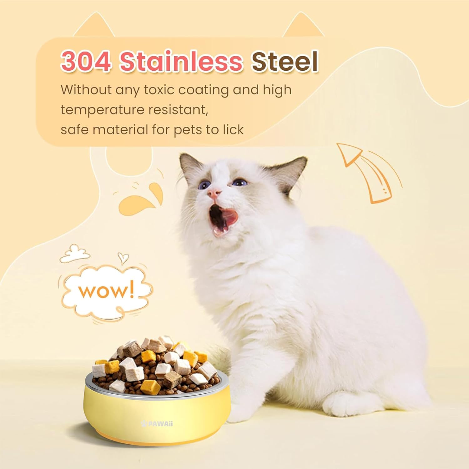 Pawaii Small Dog Bowls, 12 oz. Food Water Bowl Designed for Puppies and Cats with Non-Slip Rubber Base, Upgraded Metal Insulated, Double Stainless Steel Bowls, Cheese Yellow - Pet Explorer