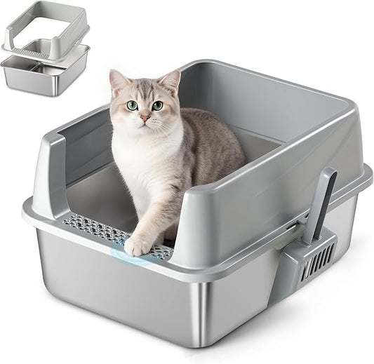 Stainless Steel Litter Box with Metal Lid and Scoop - Enclosed Metal Litter Box for Small Cats, Rust-Resistant, Odor-Control, Easy to Clean, Durable & Long-Lasting for Kitten (S), Kitten Size