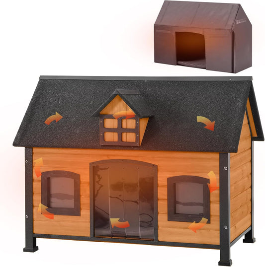 Aivituvin Dog House with Insulated Liner Anti-Chewing Metal Frame Design Insulated Wooden Dog Kennel with Unique Design Roof, Weatherproof Dog House for Outdoor Indoor - Pet Explorer