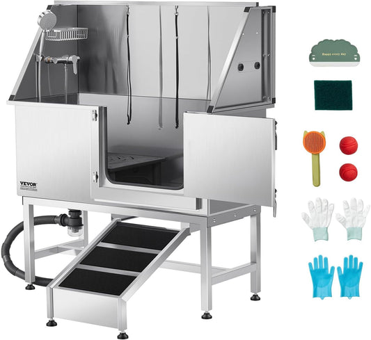 VEVOR Stainless Steel Dog Washing Station, 50 inch Pet Grooming Tub w/Ramp, PE Water Filter Board, Faucet & Showerhead & Soap Holder Dog Bathtub for Large & Medium & Small Pets (Right Door) - Pet Explorer
