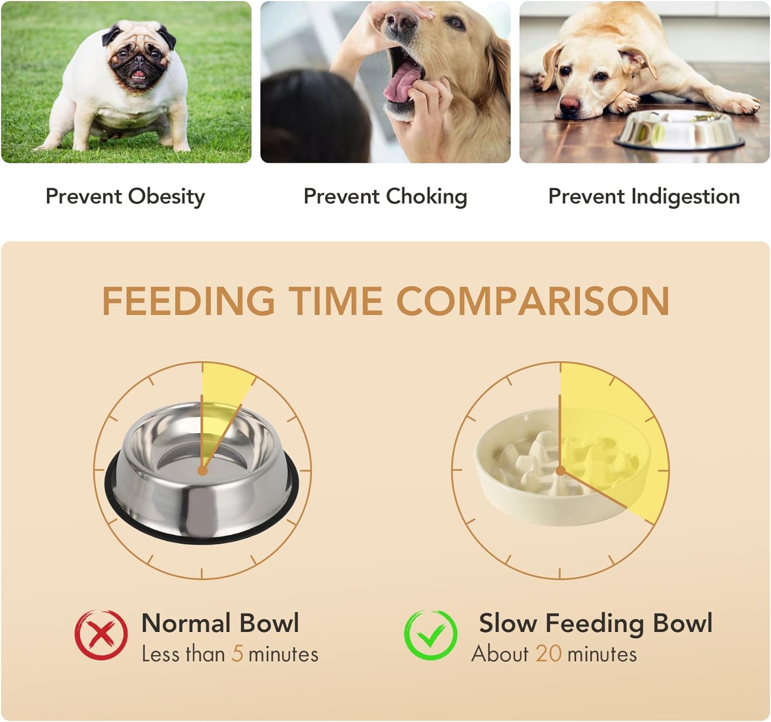 Ceramic Raised Slow Feeder Dog Bowl Set, Elevated 8.2inch Bowl and 9.5inch Slow Pet Food Dish with Wooden Stand for Large Dog (2 x Beige+ Stand) - Pet Explorer