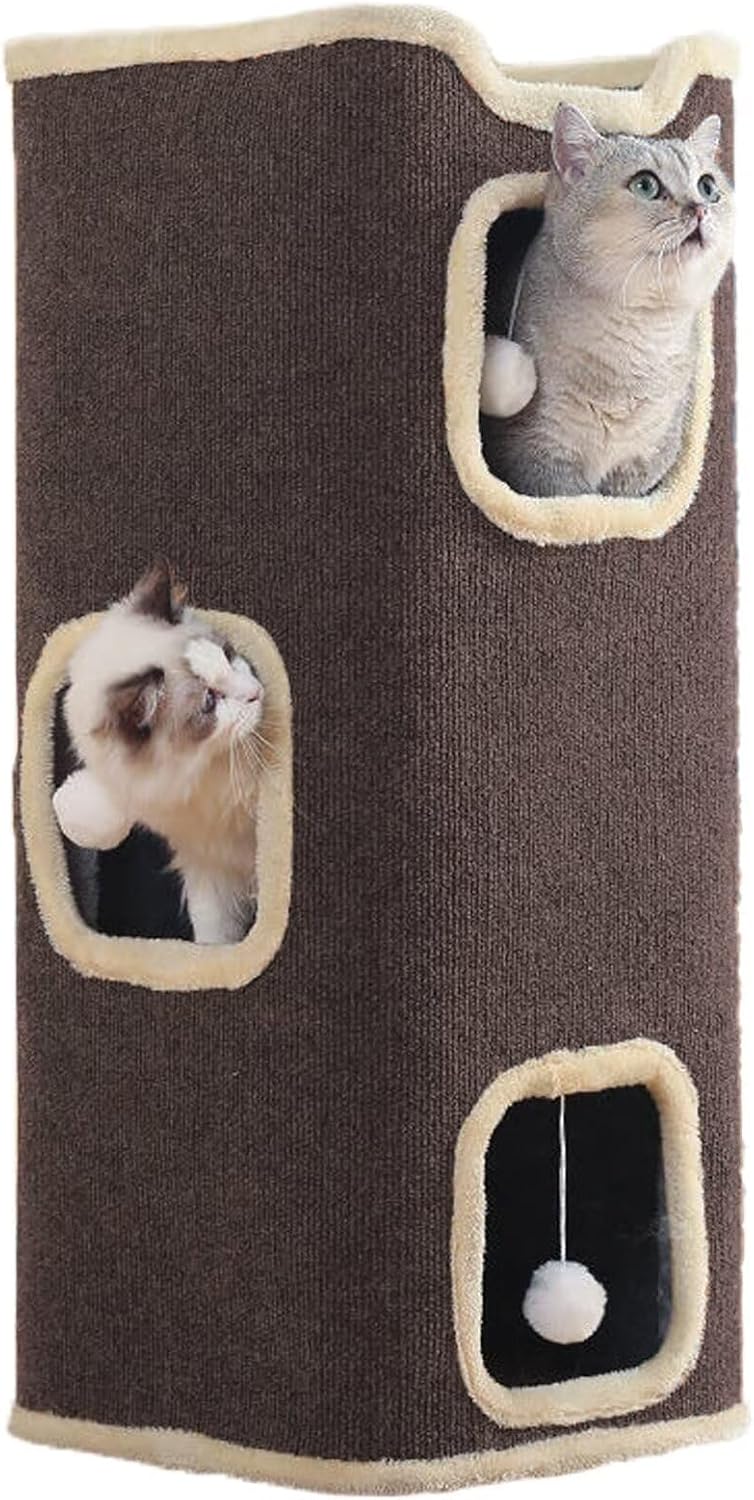 Empet Cat House for Indoor Cats Beds, Multi-Level Cat Condo, Foldable Cave Bed Brown, (3-Level) - Pet Explorer
