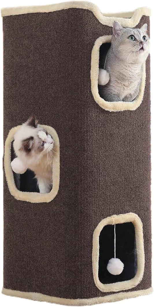 Empet Cat House for Indoor Cats Beds, Multi-Level Cat Condo, Foldable Cave Bed Brown, (3-Level) - Pet Explorer