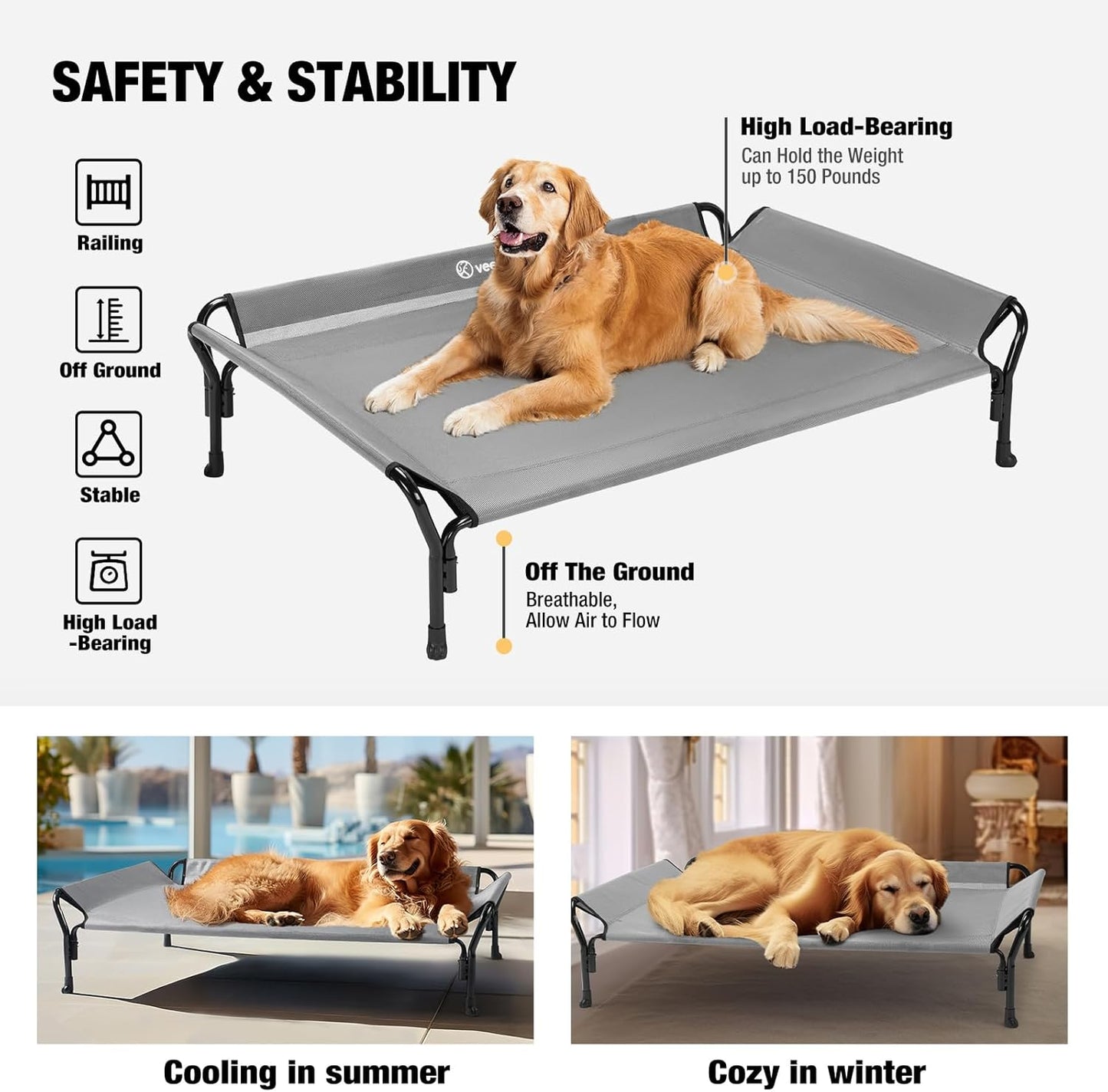 Veehoo Cooling Elevated Dog Bed, Raised Pet Cot with Guardrail & Slope Headrest, Durable Breathable Teslin Mesh, Non-Slip Feet, Washable Dog Couch Bed for Indoor & Outdoor, Large 47" x 32", Gray - Pet Explorer