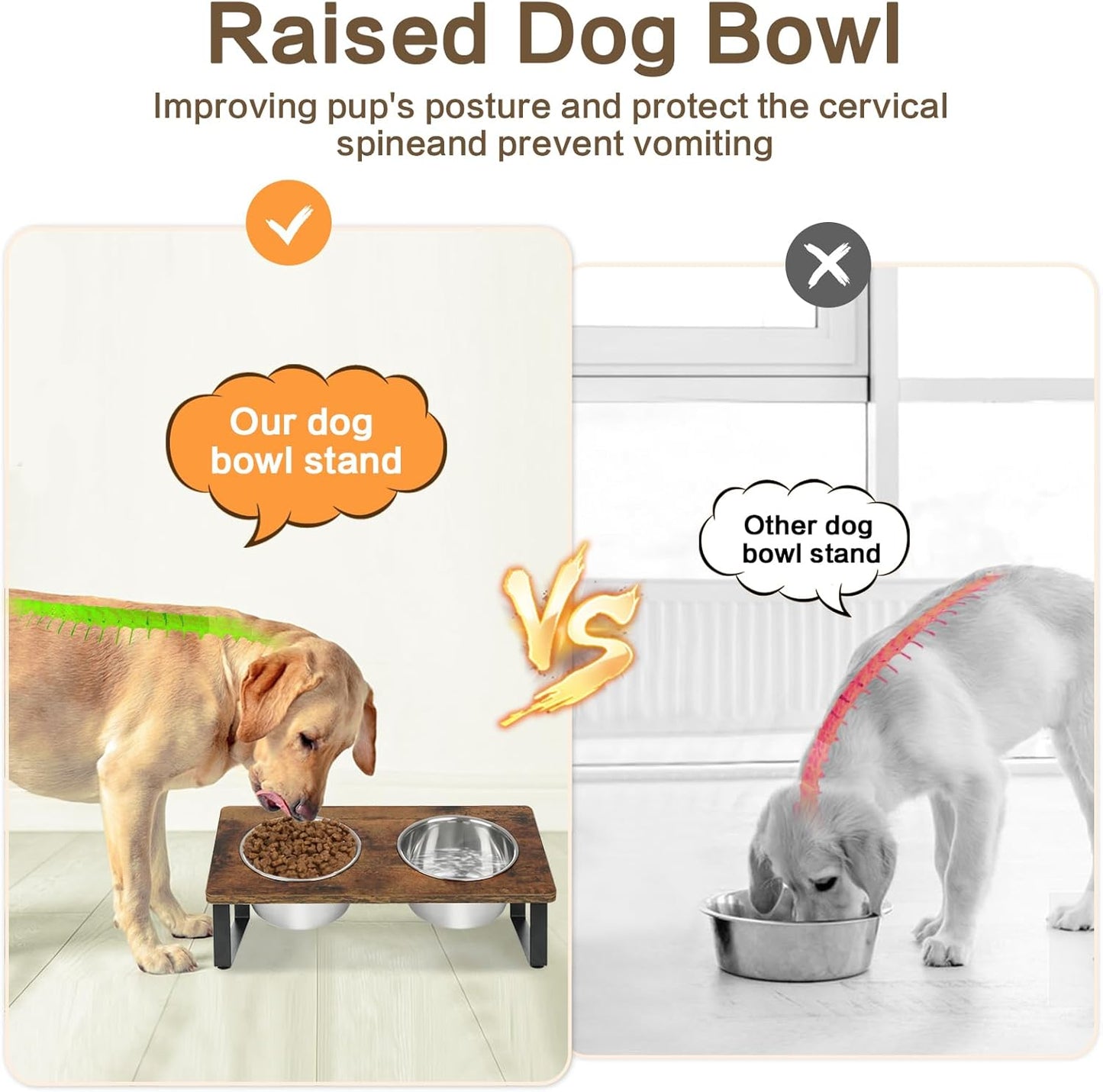 Elevated Dog Bowls for Small Medium Wood Dogs Raised Bowl Stand with 2 Stainless Steel Deep Dog Food and Water Bowls, Anti Vomit, Non-Slip Feeding Dishes(Tilted，3 inches in Height, 40oz - Pet Explorer