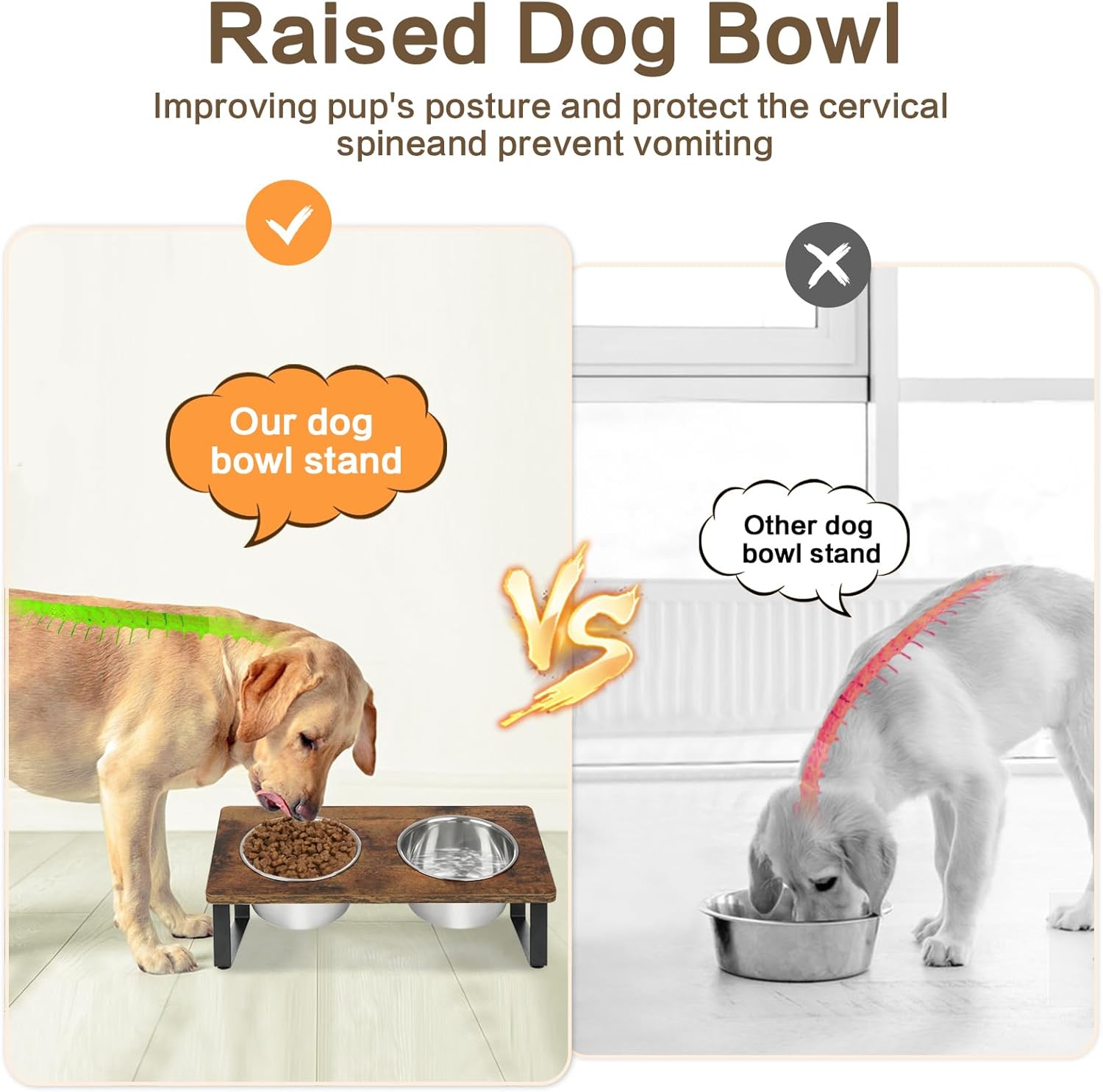 Elevated Dog Bowls for Small Medium Wood Dogs Raised Bowl Stand with 2 Stainless Steel Deep Dog Food and Water Bowls, Anti Vomit, Non-Slip Feeding Dishes(Tilted，3 inches in Height, 40oz - Pet Explorer