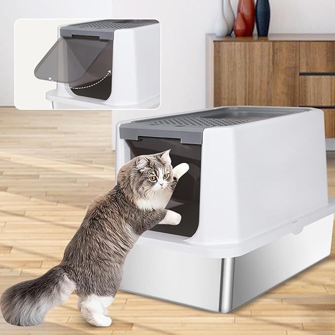 RIZZARI Large Cat Litter Box: Dark Gray Semi-Enclosed Stainless Steel Litter Box with Raised Edges - Anti-Leakage Odorless - Litter Pan for Small to Large Sized Cats in Bedroom Living Room