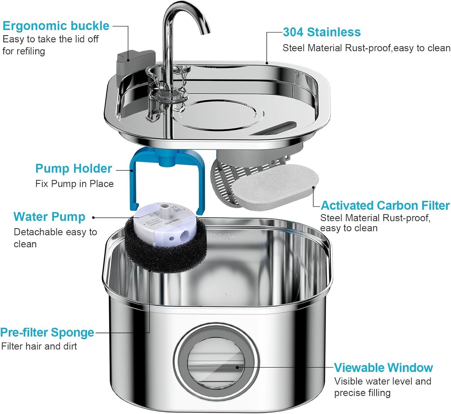 Cat Water Fountain Stainless Steel: 108oz/3.2L Automatic Pet Water Fountain - Dog Water Dispenser with Water Level Window - for Cats Inside with 4 Replacement Filters and 4 Sponges - Pet Explorer