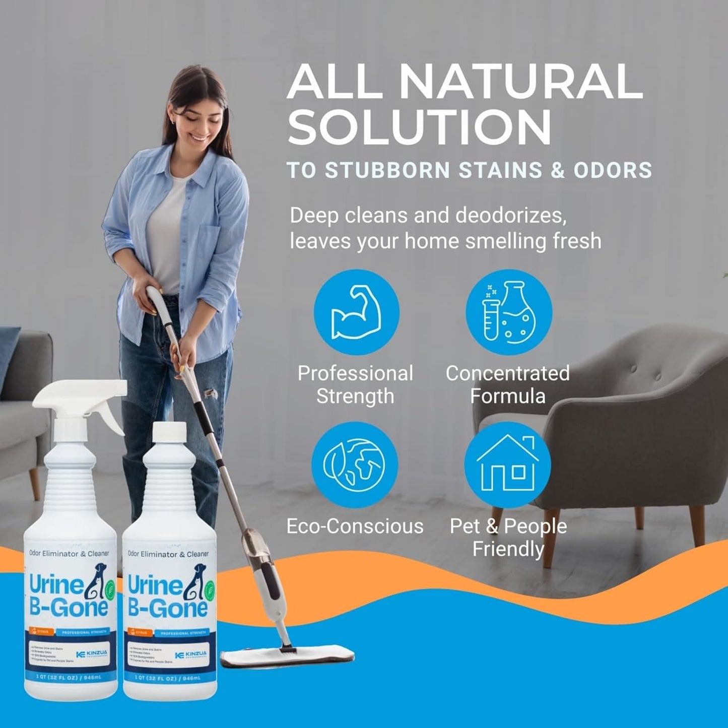 KINZUA ENVIRONMENTAL Urine B-Gone, Professional Enzyme Odor Eliminator & Pet Stain Remover, Human, Cat & Dog Urine Cleaner, Effective on Laundry, Carpets & More, Citrus Scent, 32oz, Pack of Two - Pet Explorer