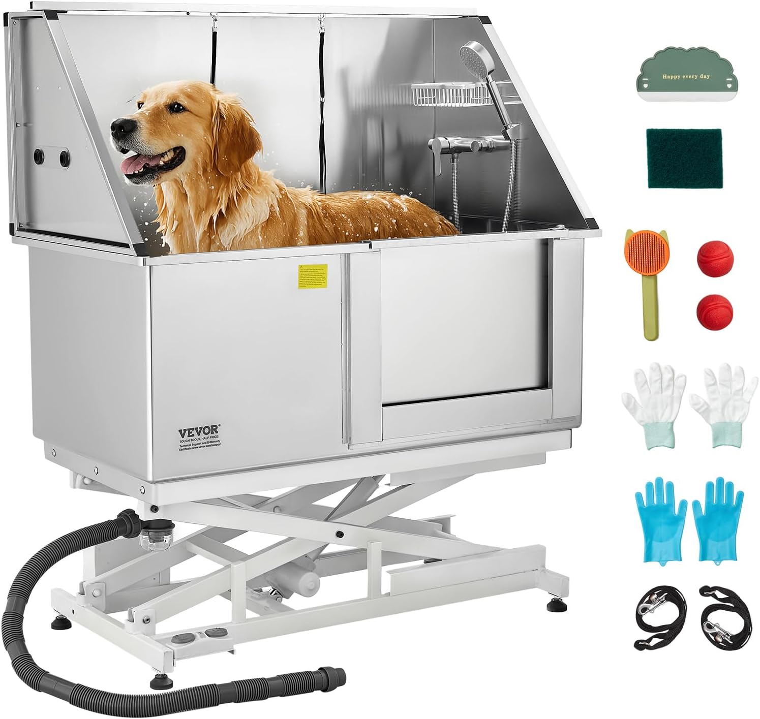 VEVOR Electric Lift Dog Washing Station, 50 inch Professional Stainless Steel Pet Grooming Tub w/PE Water Filter Board, Faucet & Showerhead Dog Bathtub Washing Sink for Multiple Pets (Right Door) - Pet Explorer