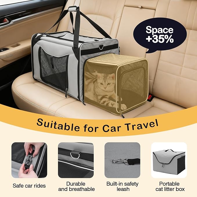 Extra Large Cat Carrier for Car Travel, Expandable Cat Carrier with Litter Box, 24"x17"x16" Soft-Sided Pet Carrier for Road Trip, Pet Carriers for 1 Large / 2 Medium Cats Under 45lbs(Grey)