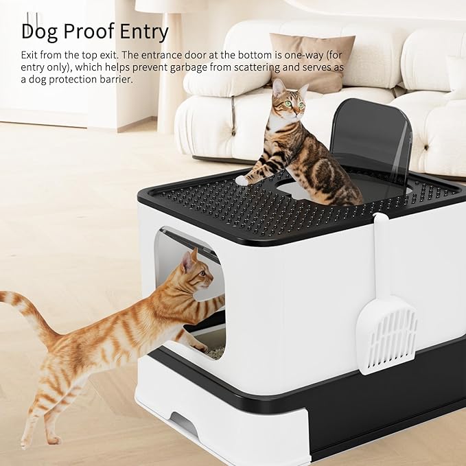 RIZZARI Stainless Steel Cat Box: Large Leak-Proof Enclosed Odor-Free Design with High Walls - XXL Black - Teflon Non-Stick Coating & Easy-Clean Drawer - for Living Room Garage