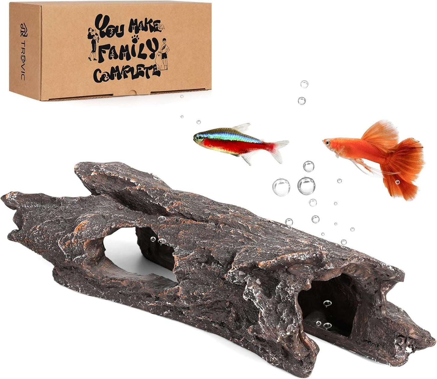 TRUVIC Fish Tank Decorations - Aquarium Cave Decor, Resin Hollow Tree Trunk Reptile Hide & Betta Log Hideout for 20 Gallon Tank, Fish Accessories Shelter Cave - Pet Explorer
