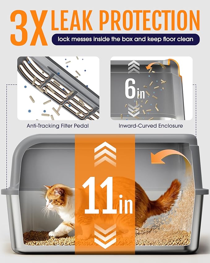 Stainless Steel Cat Litter Box, Metal Litter Box with Scoop, High- Sided, Anti-Leakage Top Entry, Non-Sticky, Easy to Clean, Grey, M (1 Pack)