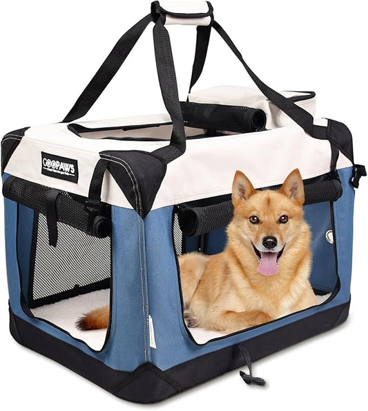 JESPET Soft Dog Crates Kennel for Pets, 3 Door Soft Sided Folding Travel Pet Carrier with Straps and Fleece Mat for Dogs, Cats(6-Lake Blue, Large(30" L x 21" W x 23" H))