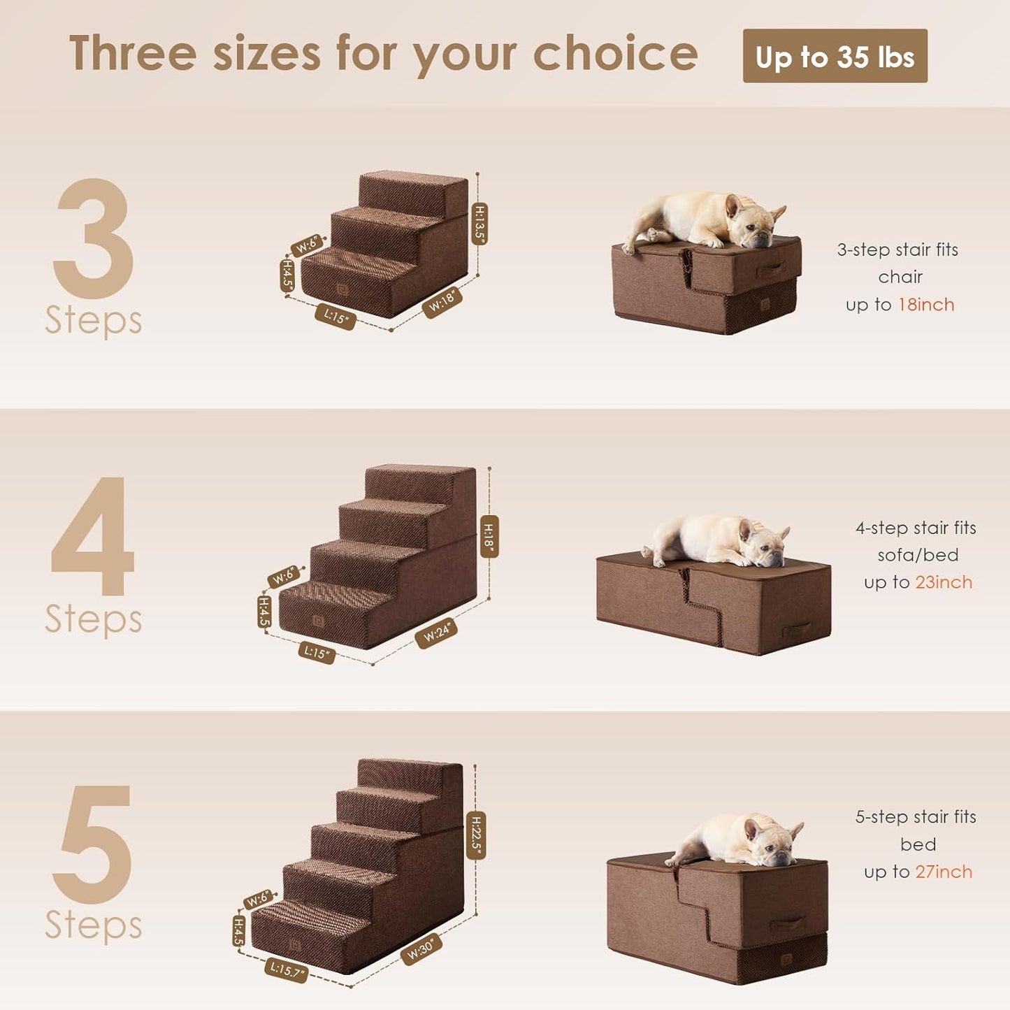 EHEYCIGA Dog Stairs for Small Dogs 13.5" H, 3-Step Dog Steps for Couch Sofa and Chair, Pet Steps for Medium Cats, Non-Slip Balanced Pet Ramp Indoor, Brown - Pet Explorer