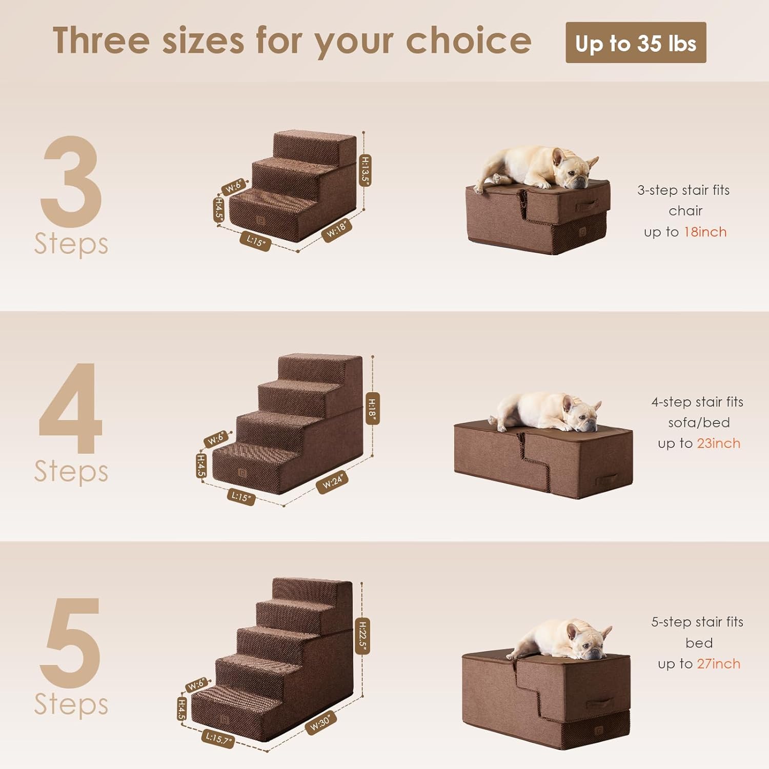 EHEYCIGA Dog Stairs for Small Dogs 13.5" H, 3-Step Dog Steps for Couch Sofa and Chair, Pet Steps for Medium Cats, Non-Slip Balanced Pet Ramp Indoor, Brown - Pet Explorer