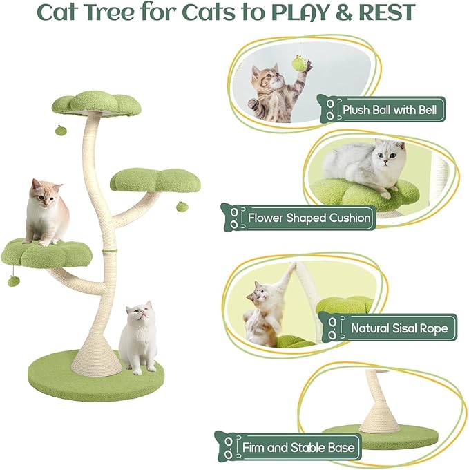 FKWin 48" Tall Cat Tree,Flower Shape Design,Scratching Post Condo,Multi-Level Furniture Activity Center,Kittens Pet House Play with Hang Ball,Plush Cat Tower for Large Cats (Green-3 Tiers)