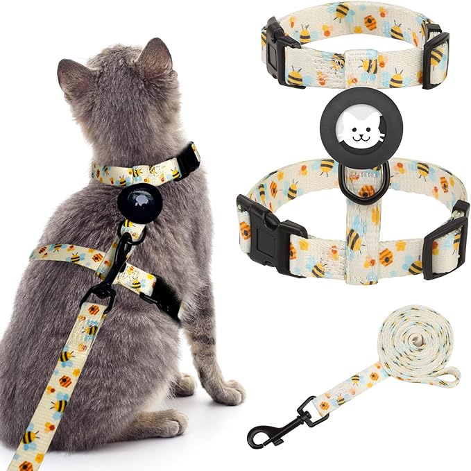 BINGPET Cat Harness with Airtag Holder, Cat Harness and Leash Set Escape Proof for Walking Travel Outdoor, Soft Adjustable Kitten Harnesses for Small Medium Large Cats, Cute Bee(Chest:12.5"-18")